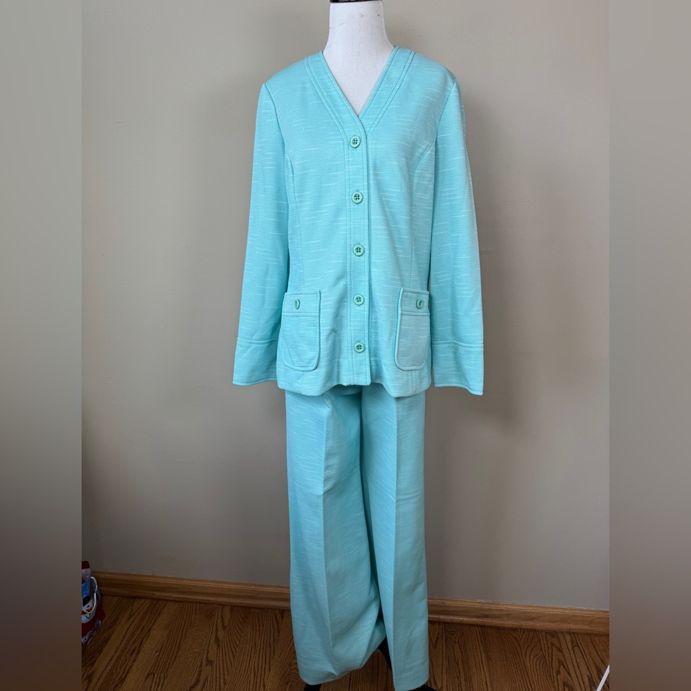 Vintage HBW 70s Medium Suit Set Women's Aqua Blue Button Blazer Wide Leg Pants